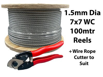 Verzinktes Stahldrahtseil Seil 1,5 mm Durchmesser 7x7 Drahtkern - 100 mtr Rolle + Schneider