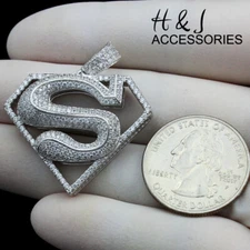 MEN SOLID 925 STERLING SILVER ICY BLING CZ HIP HOP SUPERMAN PENDANT*ASP263