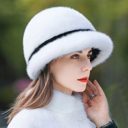 Women's Real Mink Fur Hat Luxury Whole Full Mink Fur Top Hat Warm Fashion Cap - Picture 2 of 13