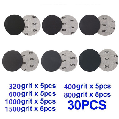 30Pcs 3inch 75mm Hook&Loop Sanding Discs Wet/Dry Sandpaper Grit 320-1500