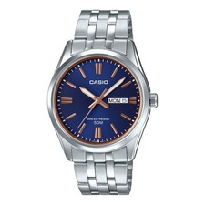 Casio Men s Silver Bracelet Analog Watch with Blue Dial - MTP-1335D-2A2V