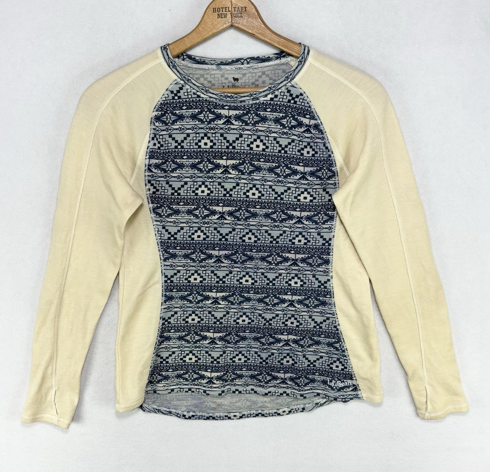 LL Bean Base Layer Top Women’s Medium Merino Wool Mid Weight Southwestern Cream