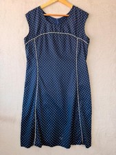 Vintage Navy Blue White Polka Dot Sleeveless Shift Dress Piping Detail Retro