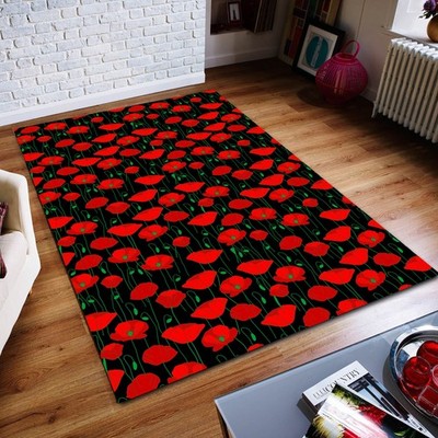 Red Poppy Flower Area Rug, Abstract Floral Design, Modern Non-Slip Home Decor