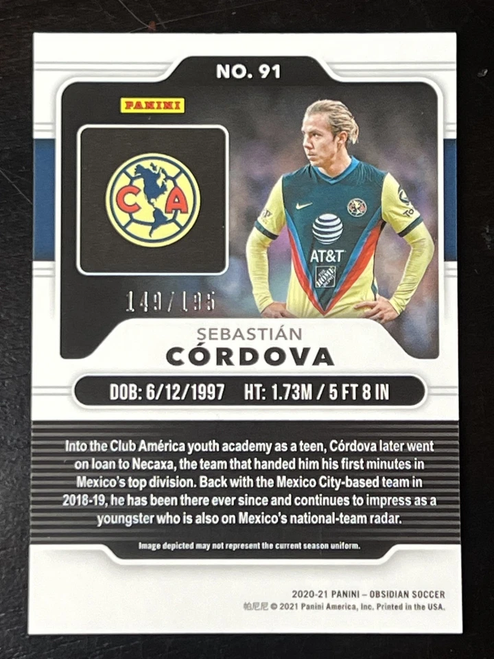 2020-21 Panini Obsidian Soccer SEBASTIAN CORDOVA #91 Club America RC #149/195 - Image 2 of 2
