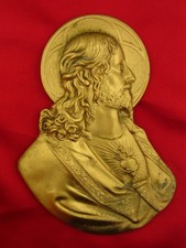 Vintage JESUS Plaque SACRED HEART Catholic Goldtone Metal Wall Hanging Plaque