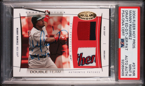 2004 Fleer Hot Pros. MANNY RAMIREZ Game-Worn Jersey Inscription Auto PSA 9 POP 1