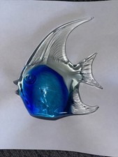 VTG Art Glass Angel Fish Hand Blown Murano Style Figurine Aquar BLUE WHITE C2