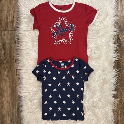 Levi s T Shirts Girls Size 6/6X Red Navy Star Logo Patriotic Short Sleeve 2pc