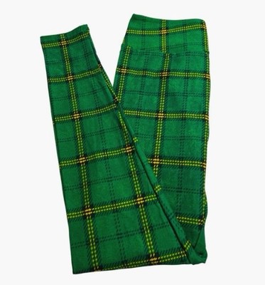 LuLaRoe Leggings OS One Size Rare GREEN GOLD Stripe PLAID CHRISTMAS Holiday SOFT