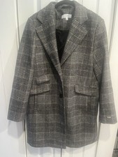 Nine West Wool Plaid Coat Womens Large Gray Black Button Overcoat NWOT
