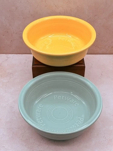 Set Of 2 Homer Laughlin Fiesta Medium  7.25" Pet Petware Bowls Yellow-Turquoise