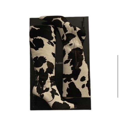 Dolce & Gabbana Calf Hair Leather High Heel Cow Print Knee High 