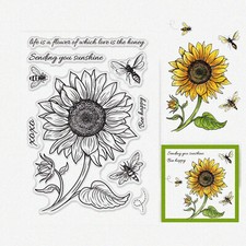 Sunflower Bumble Bee Clear Silicone Stamp - Sketched Floral Design for Scrapbo
