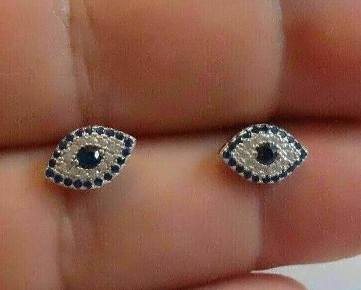 1Ct Round Simulated Sapphire Evil Eye Stud Earrings in 14K White Gold Plated