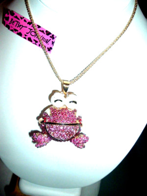 Betsey Johnson 3D Large PINK Crystal FROG Big Eye MOVEABLE FEET Pendant NECKLACE
