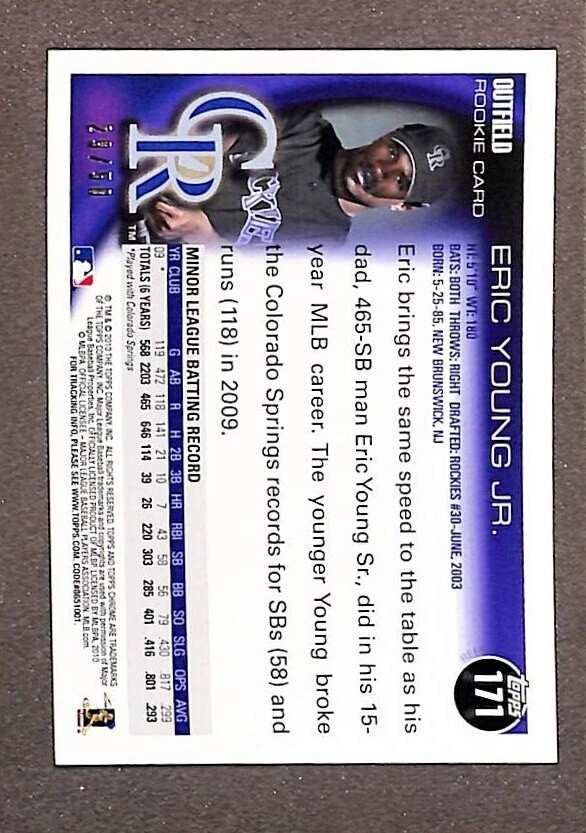 2010 Topps Chrome Gold Refractor #171 Eric Young Jr /50 - Image 2 of 3