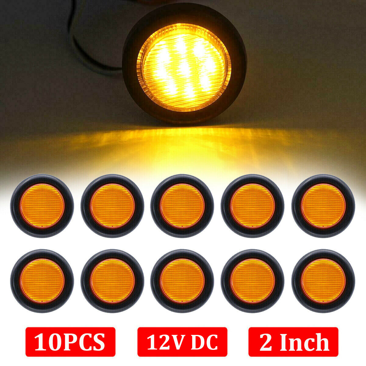 10-Pack 2-Inch Amber LED Side Marker Lights – Round Clearance Lights For Trucks & Trailers