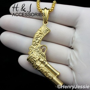 Authentic 18-36"MEN 3mm Gold Plated Box Link Chain Hand Gun Pendant*G105
