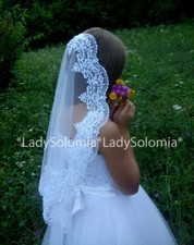 First Communion Veil with beaded/ Holy Communion/White Flower girl mantilla Veil