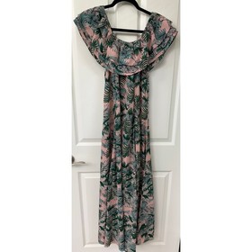 Nuon by Westside Pink tropical Medium Maxi tie waist off shoulder ruffle $199 