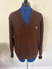 Vintage Izod Lacoste Men's Sweater Size L Brown Roll Cuff V-Neck Preppy Classic