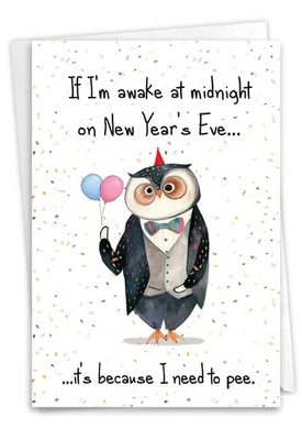 NOBLEWORKS Funny New Year Greeting Card w/ Envelope (1 Card) Awake At Midnight