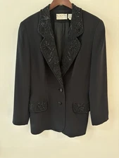 Vtg Oleg Cassini Black Tie Women Black Seed Beads Blazer Jacket 14 Satin Buttons