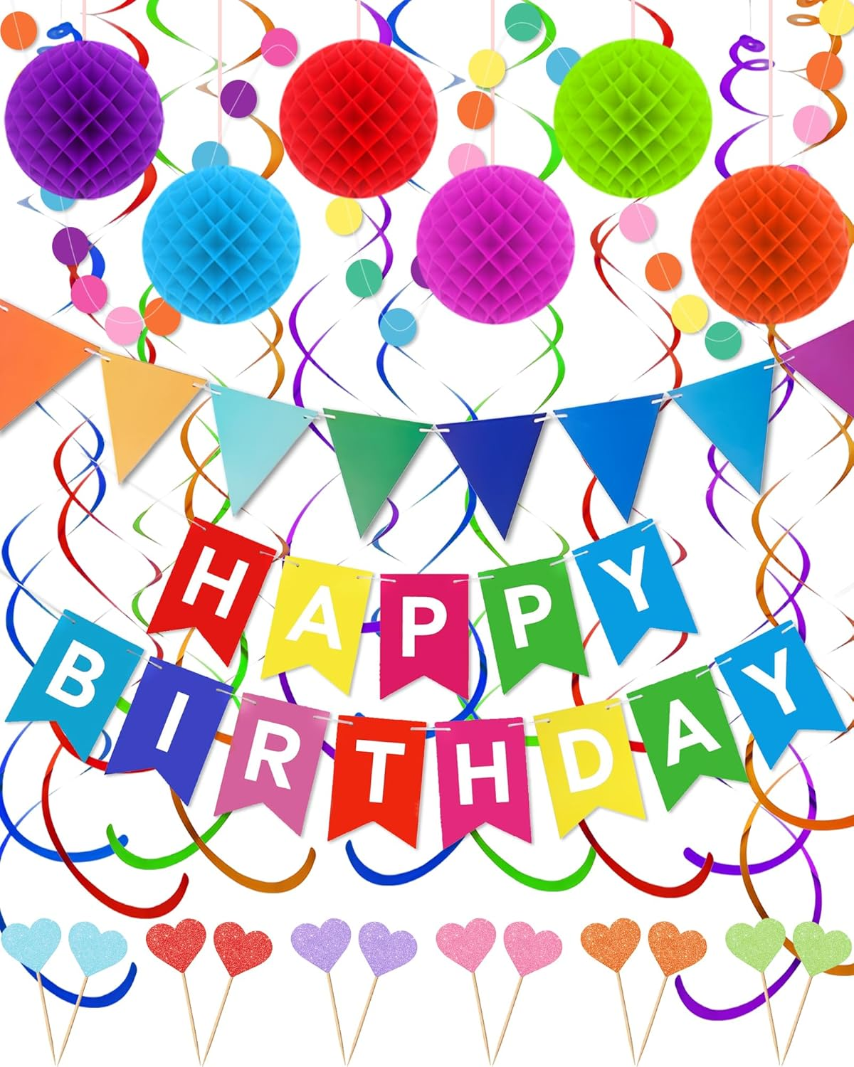 Happy Birthday Party Decorations - Colorful Happy Birthday Banner Swirl Streamer