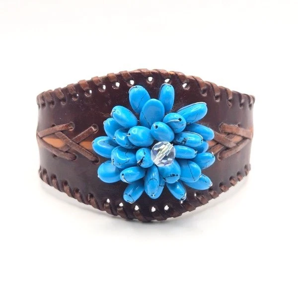 Hand-Crafted Flexible Adjustable Leather Cuff Bracelet with Blue Howlite Cluster - Image 2 of 4