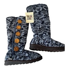 Muk Luks Tall Knit Malena Faux Fur Button Detail Boots Blue Knit Sz 7 NWT