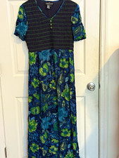 Vtg Carole Little Boho Cottage Smocked Blue Green Floral Maxi Dress Size 8 USA