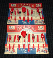 NOS Vtg 50s Bestmaid Children's Sanitary Plastic Red Tableware Flatware USA