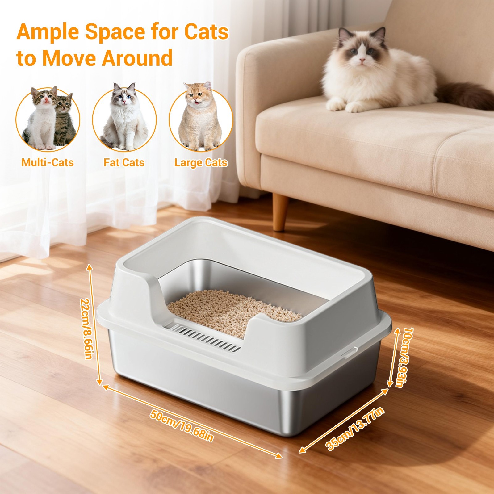Semi-Enclosed Stainless Steel Cat Litter Box, High Sided Lit