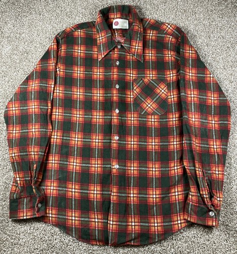 VTG 70s Sears Kings Road Flannel Shirt Mens Large Green Red Plaid Dagger Collar