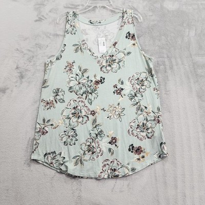 NEW Maurices Tank Womens M Green Floral V-Neck Sleeveless Jersey Stretch Casual