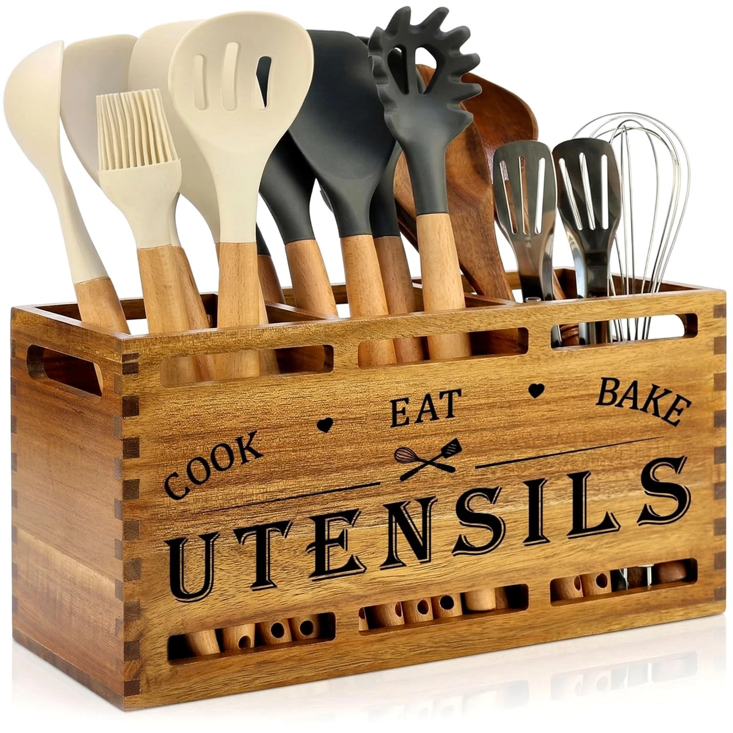 Acacia Wood Extra Large Utensil Holder for Kitchen Counter Rustic Spatula Hol...