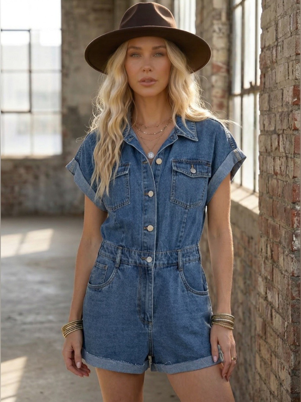 NWT Eesome Denim Button Down Jumper Jean Utility Romper Jump
