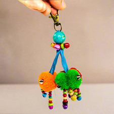 Triple Pom Pom Keychain Handmade Zipper Pull with Beads Thailand