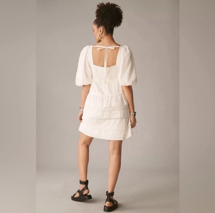 By Anthropologie Mini Tiered Dress Size 1X White Square-Neck Puff Sleeve - Image 3 of 4