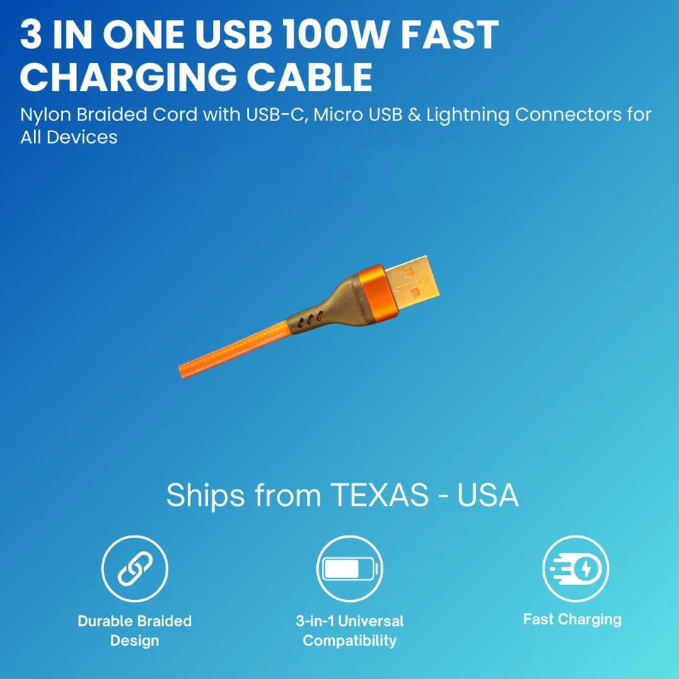 3 in 1 USB 100W Fast Charging Cable 1.2m - Orange - Image 3 of 3