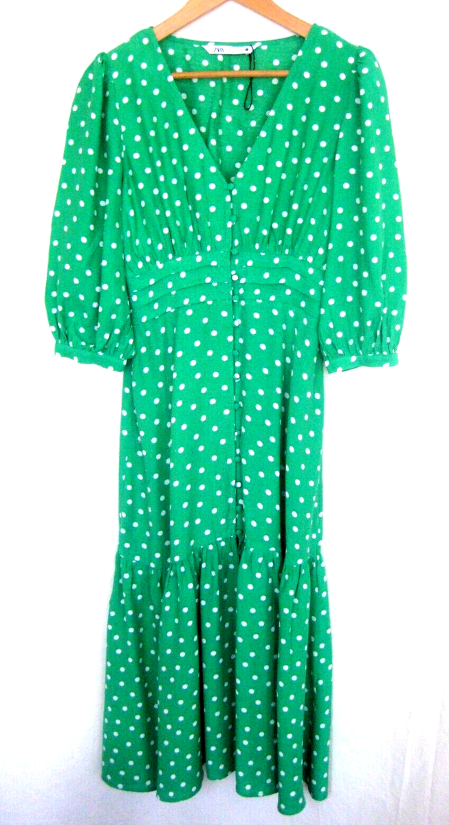 Flare Midi Midi Loose Fit Dress Zara Green Polka Dot Puff Sleeve Midi Dress  NWOT New Size Small