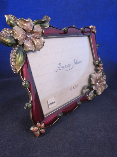 ASHLEIGH MANOR Tropicana Red Enamel Frame Jeweled 5" x 3.5" Pewter Flowers NEW - Picture 6 of 10