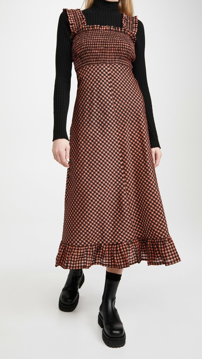 ganni red check dress Ganni Checked Seersucker Midi Dress In Red