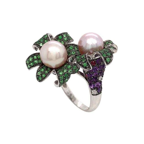 Cultured Pearls With Emerald, Amethyst, White CZ and Ruby Double Flower Band - Picture 3 of 8