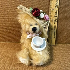 Miniature Jointed Teddy Bear Plush W/ Hat And Cup And Saucer Pearl Necklace Vtg