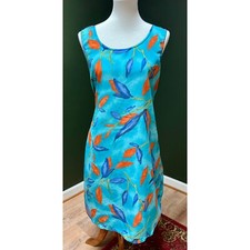 Vintage Sleeveless Turquoise Leaf Print Casual Sundress Made in USA