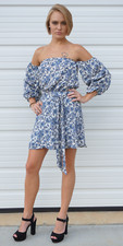 Off Shoulder Floral Mini Dress 3/4 Sleeve S M L Blue Purple Haute Monde HMD1029
