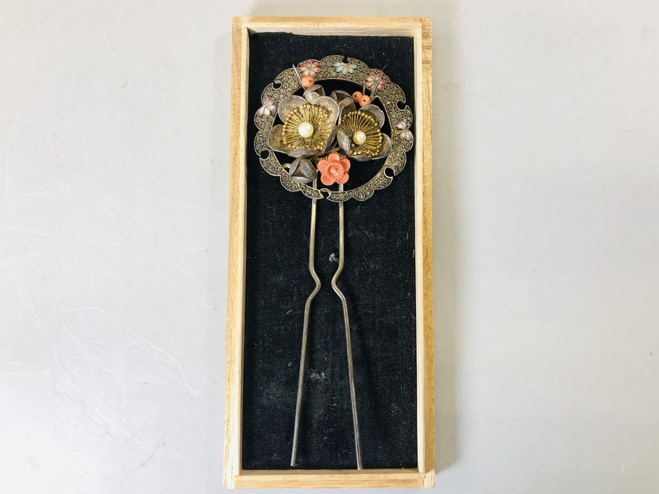Y5727 KANZASHI Coral Cloisonne Plateado Palo Pin Japón Kimono Antiguo Foto 2 de 4