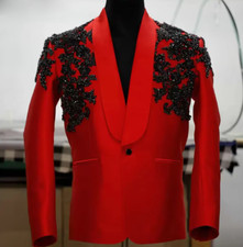 Red Men Suits 2 Piece Fashion Black Appliques Beading Business Casual Wear Party